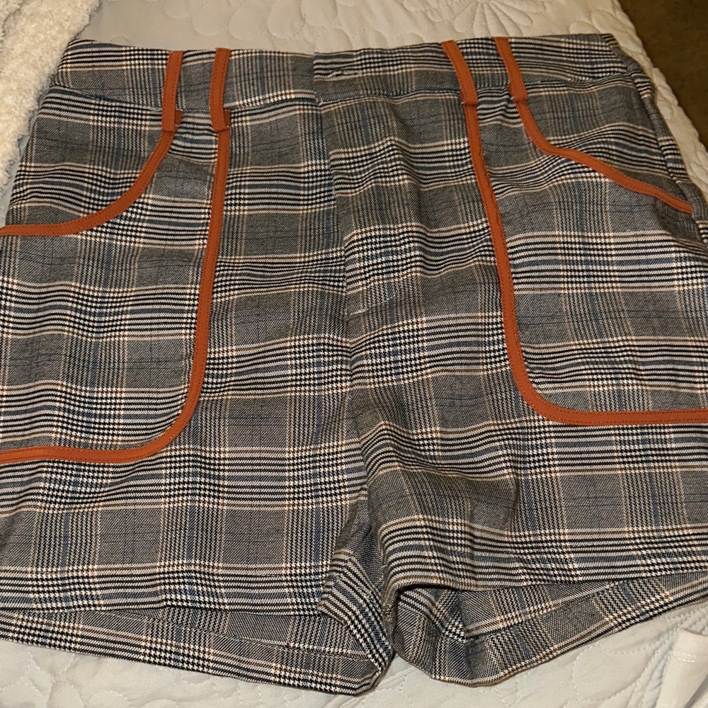 Plaid Women’s High-Waisted Shorts with Orange Accents